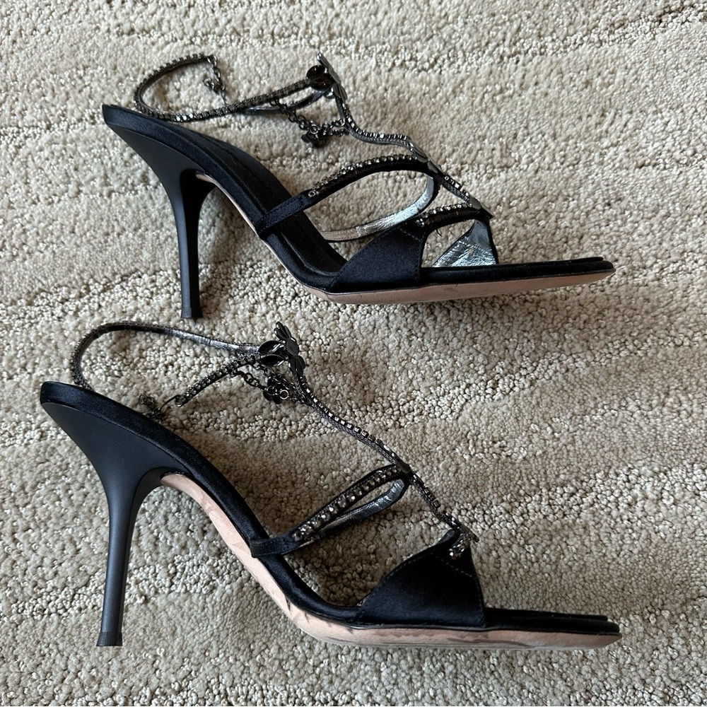 Giuseppe Zanotti Black Satin Rhinestone Enamel Anklet Heel Sandals IT 38.5 NIB - Picture 11 of 17
